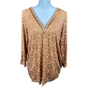 Soft Surroundings Womens Large Tunic Top Printed Lillia Beaded Boho 3/4 Sleeve